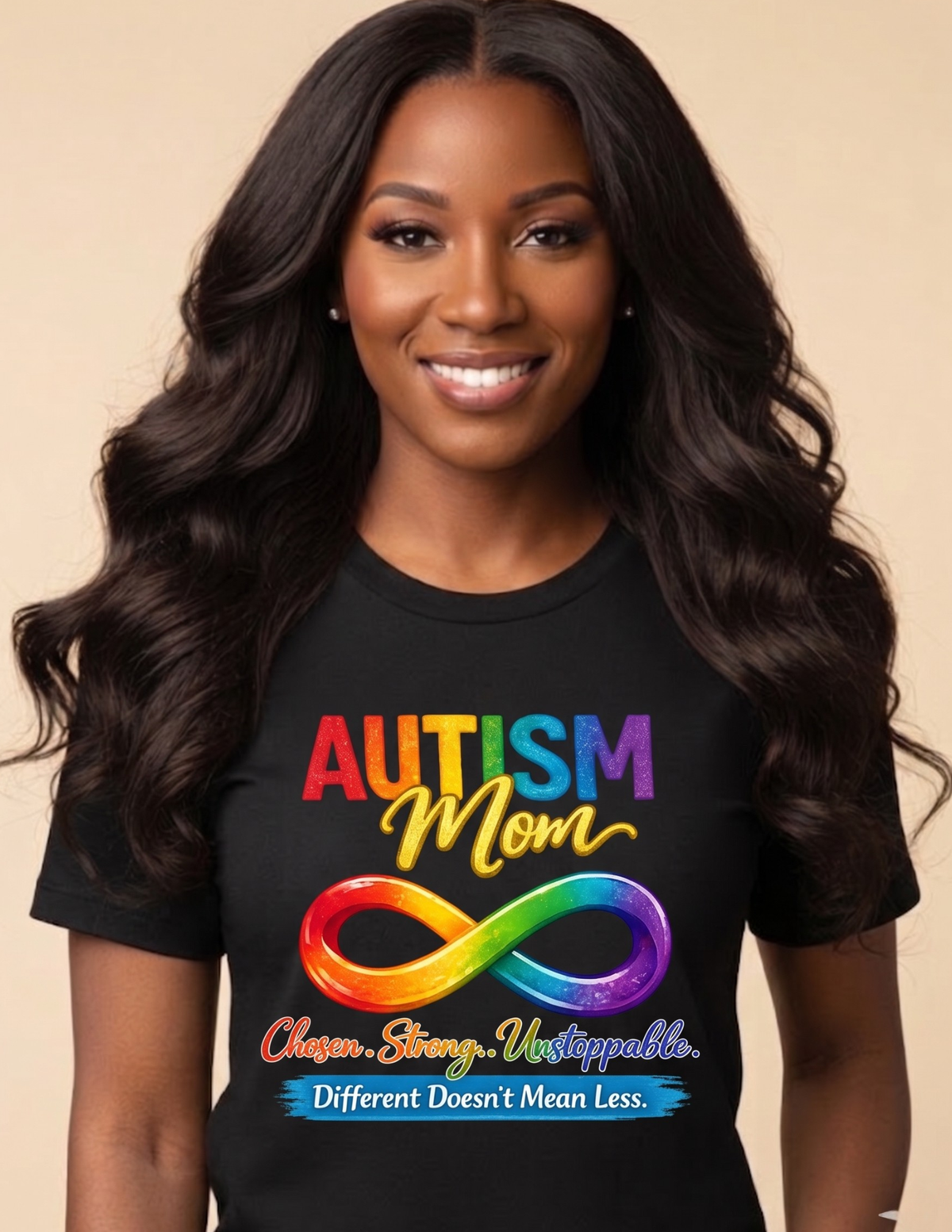 Autism Mom Chosen Strong Unstoppable graphic tee with colorful infinity design