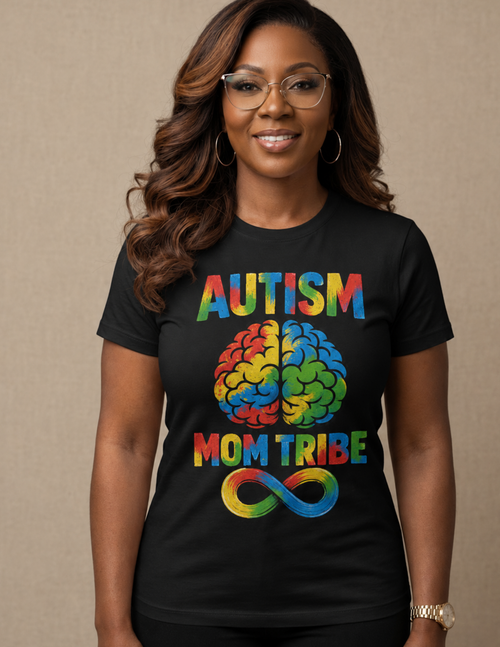 Colorful Autism Mom graphic tee with neurodiversity brain artwork