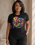 Be Kind colorful tie dye graphic tee with positive message