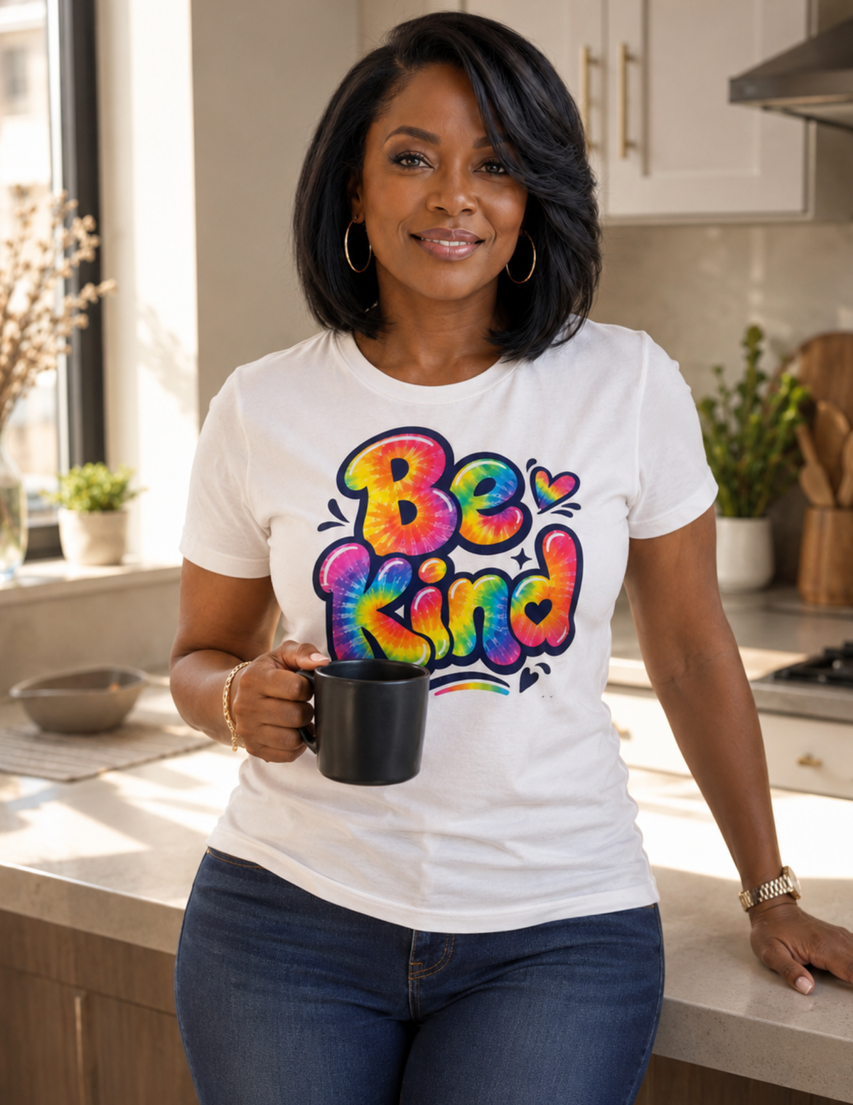 Colorful Be Kind graphic tee featuring inspirational typography