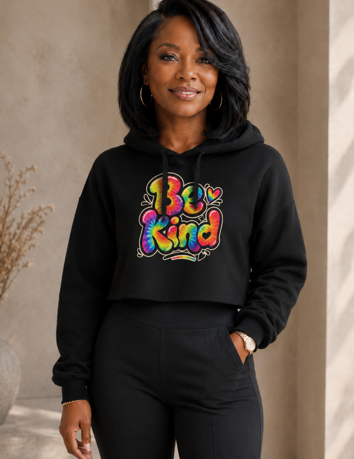 Women's Be Kind crop hoodie featuring cheerful rainbow typography