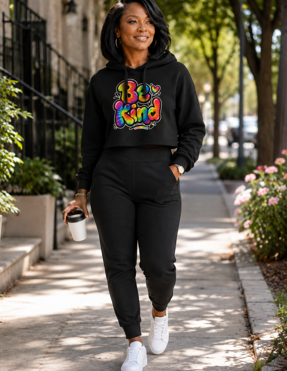 Be Kind colorful crop hoodie promoting positivity and kindness