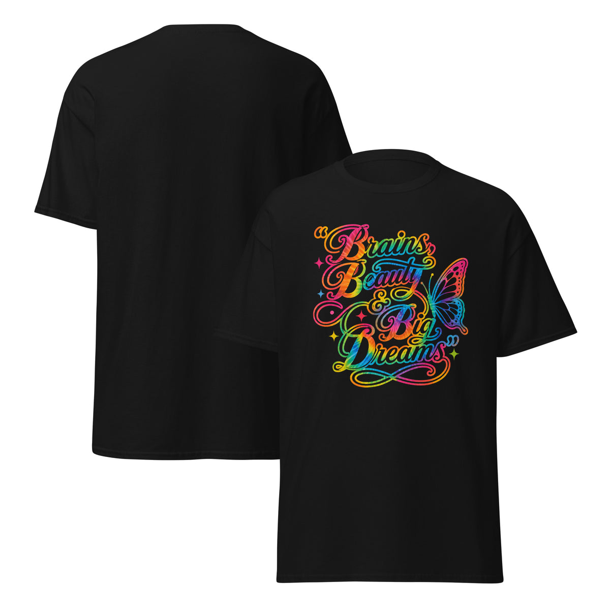Black: Brains Beauty & Big Dreams graphic tee product mockup featuring the women's empowerment design