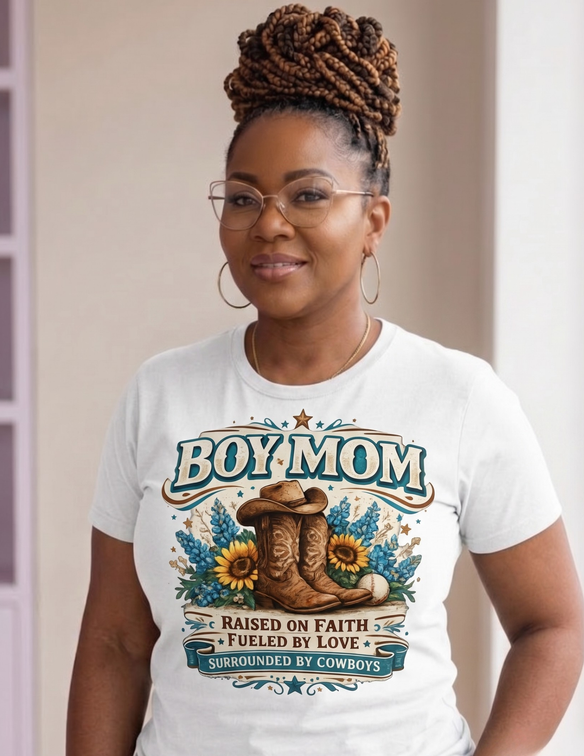 Boy Mom western graphic tee with cowboy boots and floral design