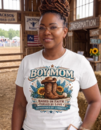 Boy Mom western shirt featuring cowboy hat boots and colorful flowers