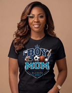 Boy Mom Outnumbered Blessed and Loved sports graphic tee