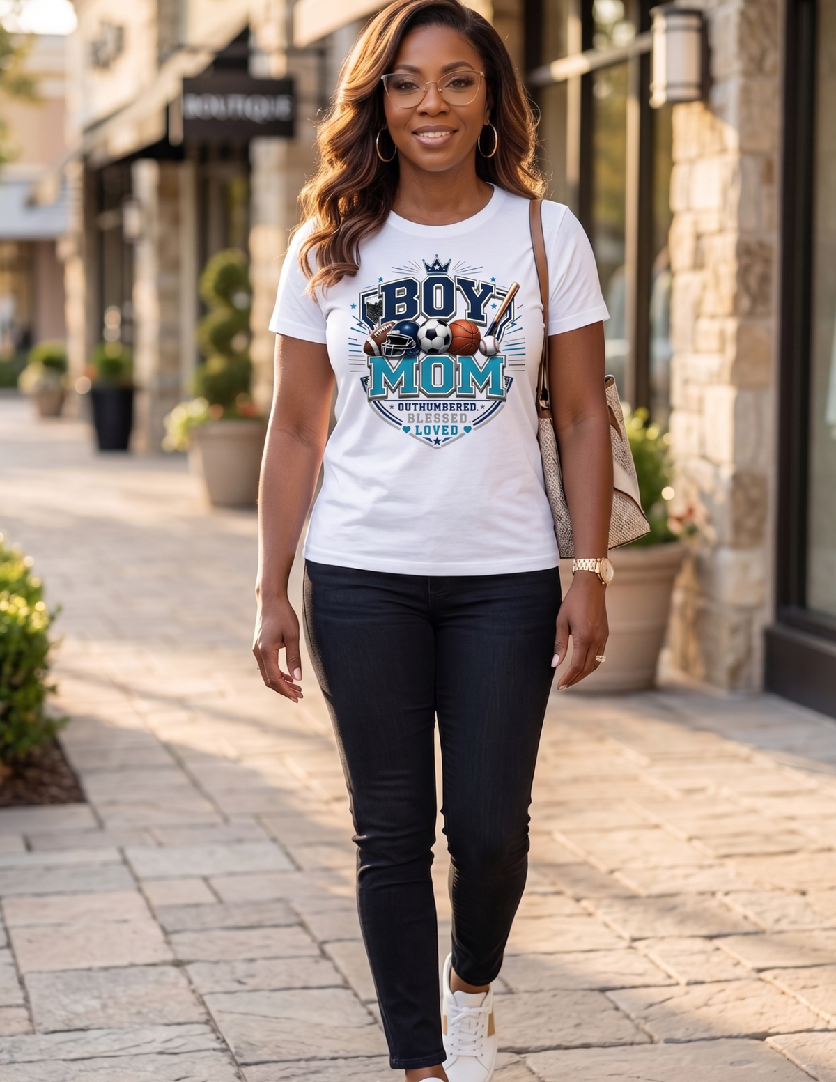 Boy Mom graphic tee featuring Outnumbered Blessed and Loved sports design
