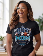 Boy Mom graphic tee featuring Outnumbered Blessed and Loved sports design