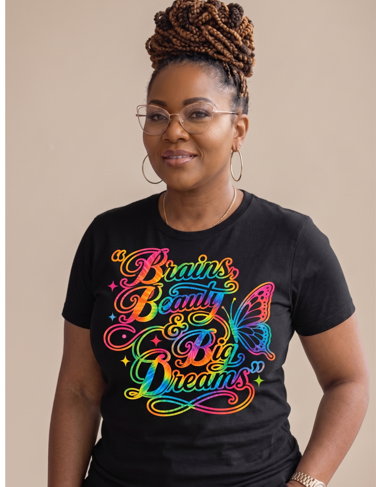 Women's empowerment tee featuring the Brains Beauty & Big Dreams design