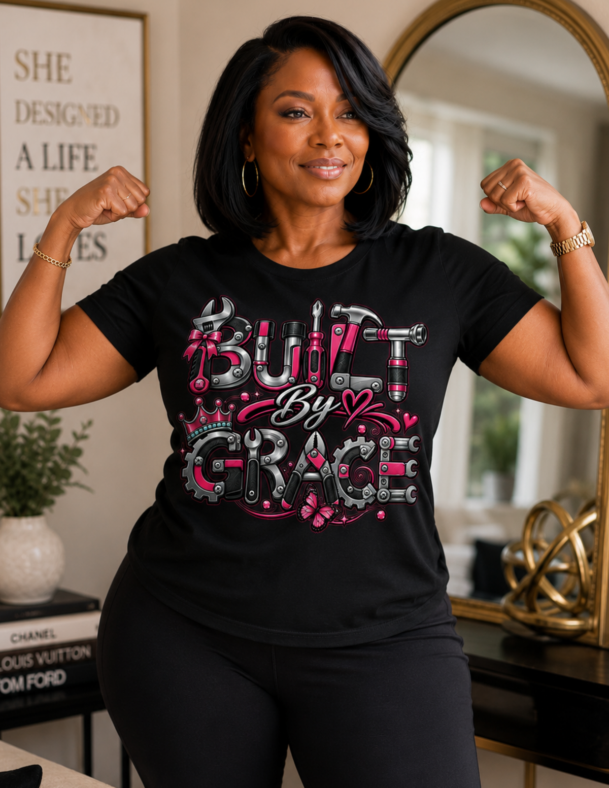 Christian Built By Grace graphic tee with bold feminine typography