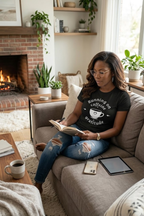 Women's coffee lover shirt with Running on Caffeine and Gratitude design