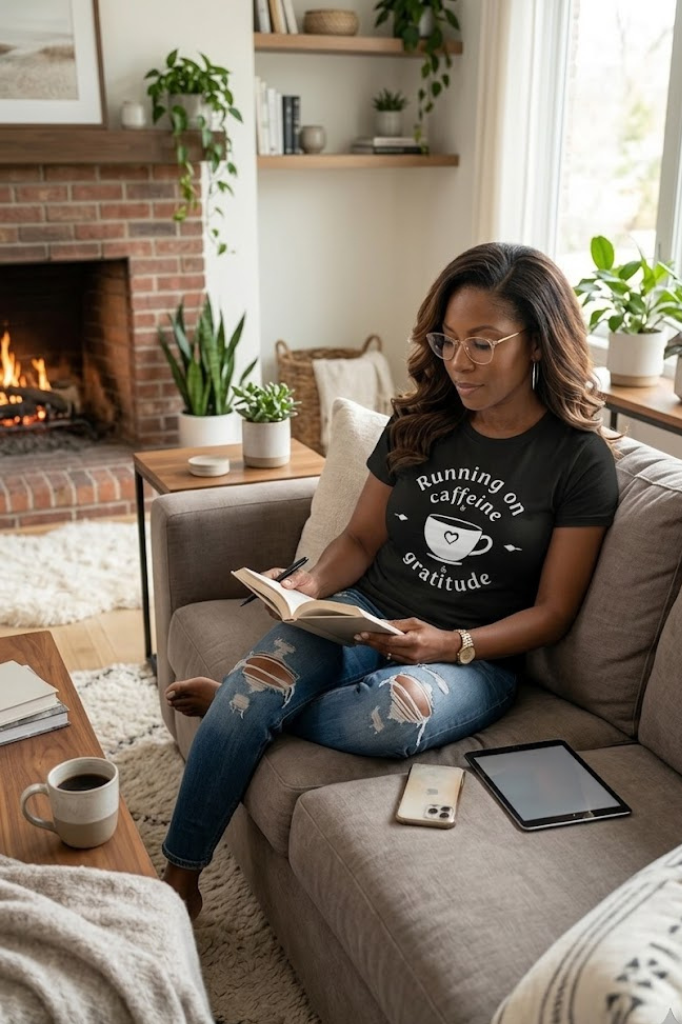 Women's coffee lover shirt with Running on Caffeine and Gratitude design