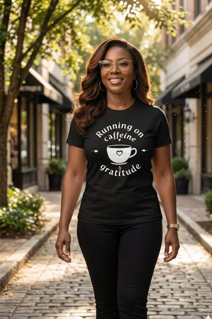 Coffee graphic tee for women featuring caffeine and gratitude message