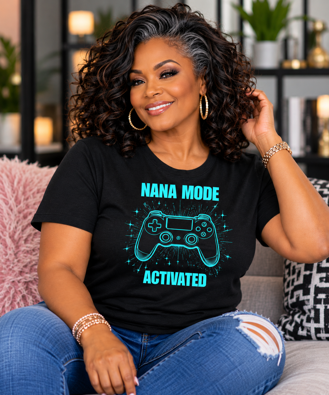 Nana Mode Activated | Retro Gaming Grandma Tee | Blue