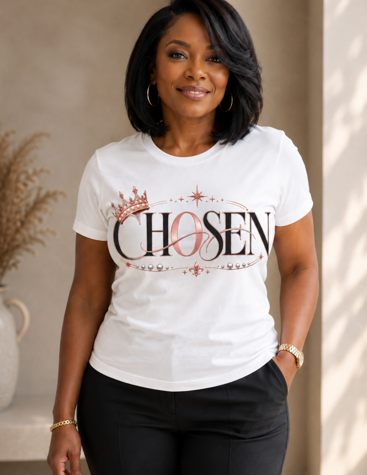 Chosen Christian graphic tee for women celebrating faith, purpose and identity
