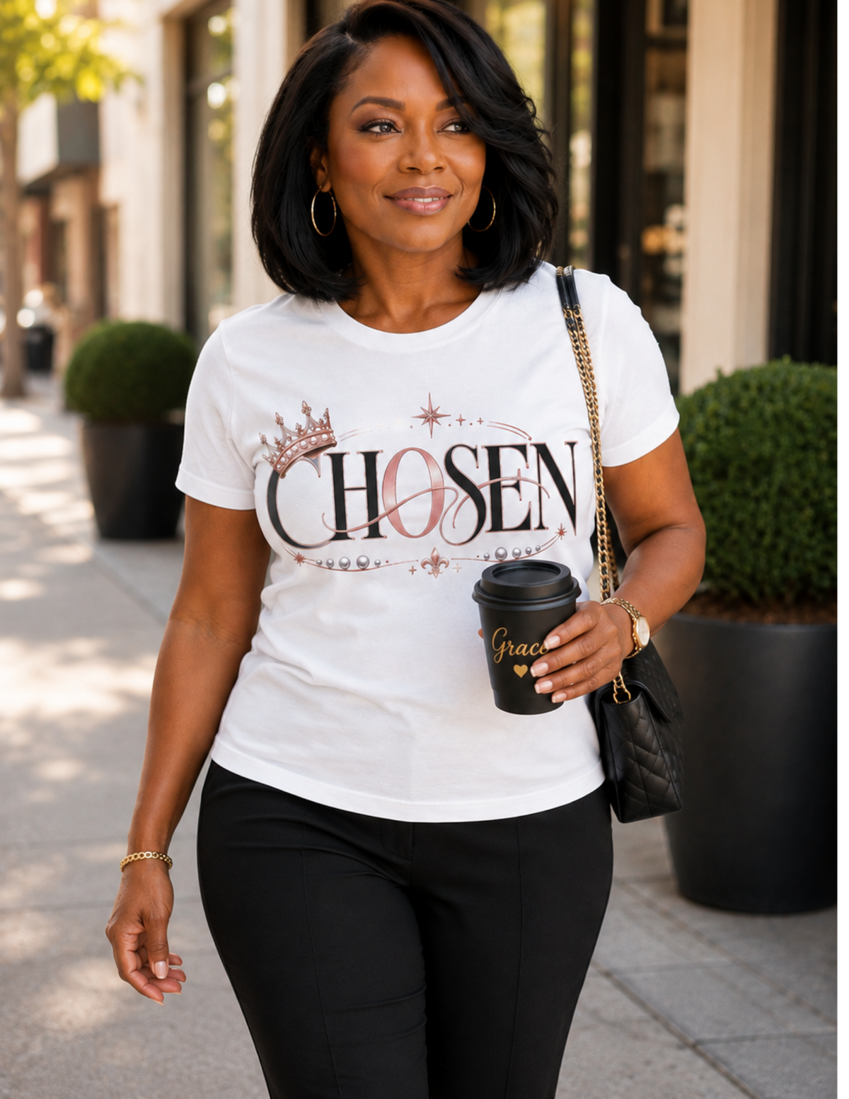 Chosen Christian statement tee for women walking confidently in faith