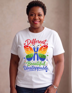 Different Beautiful Unstoppable Down Syndrome awareness shirt with colorful butterfly