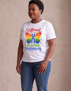 Women's Down Syndrome awareness graphic tee with colorful butterfly design