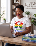 Colorful Down Syndrome butterfly graphic tee promoting inclusion and advocacy