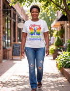 Women's Down Syndrome support shirt with rainbow butterfly artwork