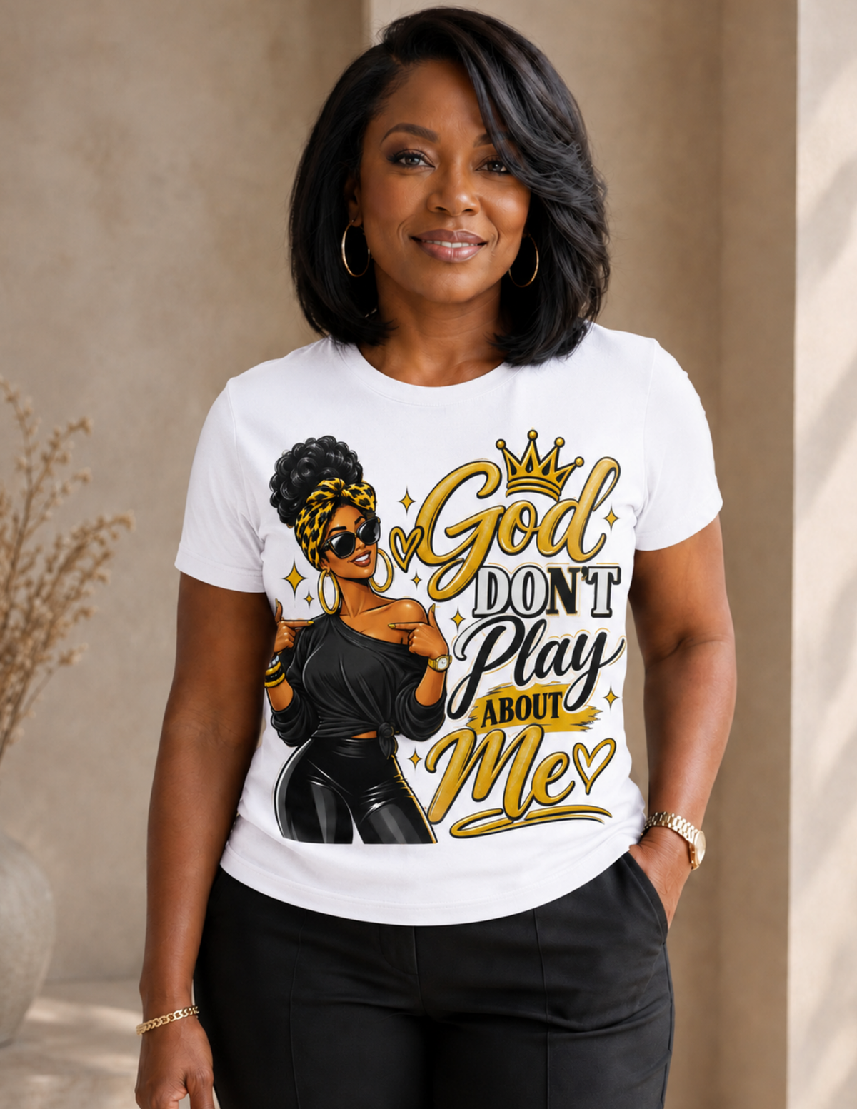 God Don't Play About Me yellow Christian graphic tee for women