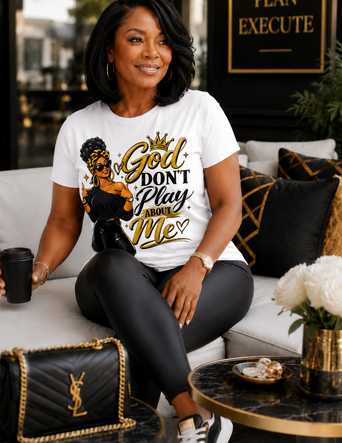 Yellow God Don't Play About Me women's Christian statement graphic tee