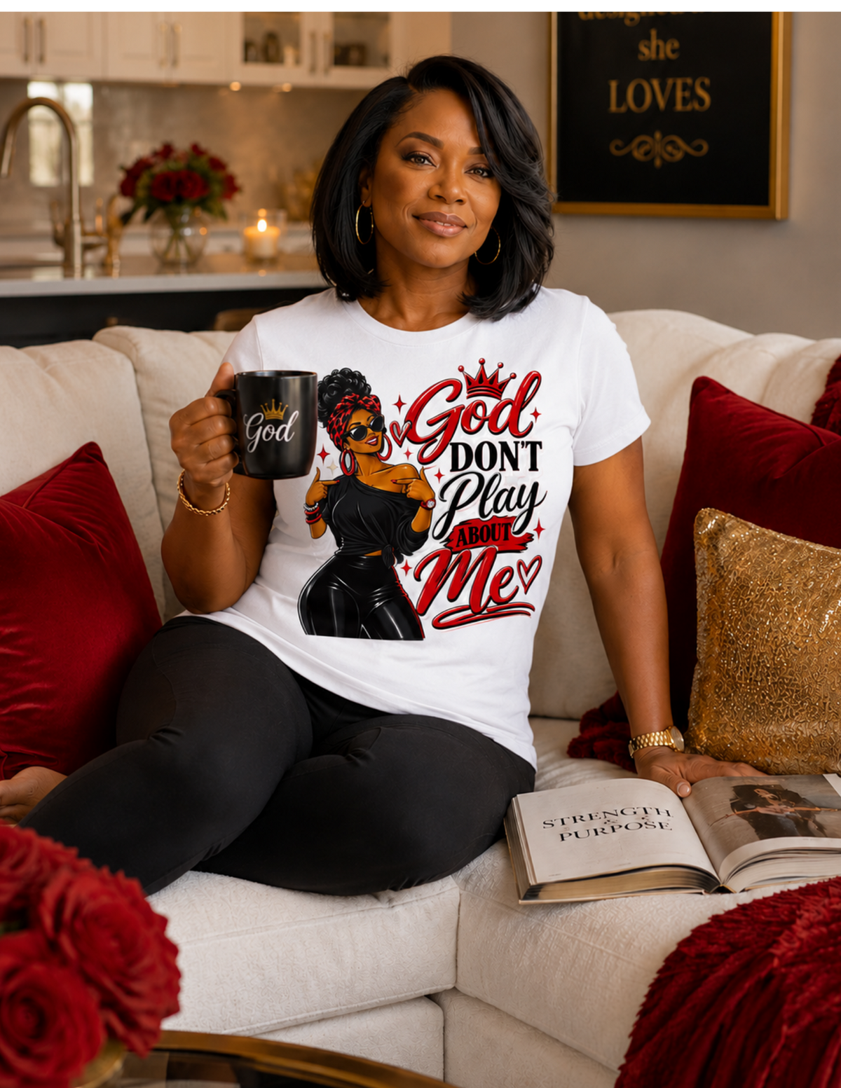 God Don't Play About Me red Christian graphic tee product view