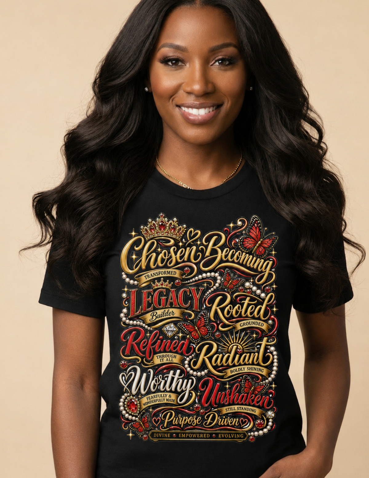 Identity red and gold inspirational graphic tee celebrating confidence purpose and self-worth