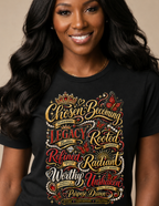 Lifestyle view of woman wearing Identity red and gold inspirational graphic tee