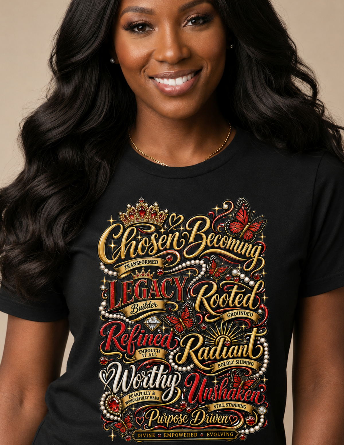 Lifestyle view of woman wearing Identity red and gold inspirational graphic tee