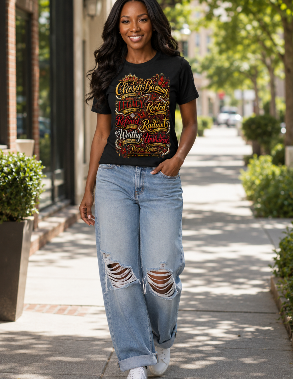 Identity women's empowerment graphic tee with bold red and gold design