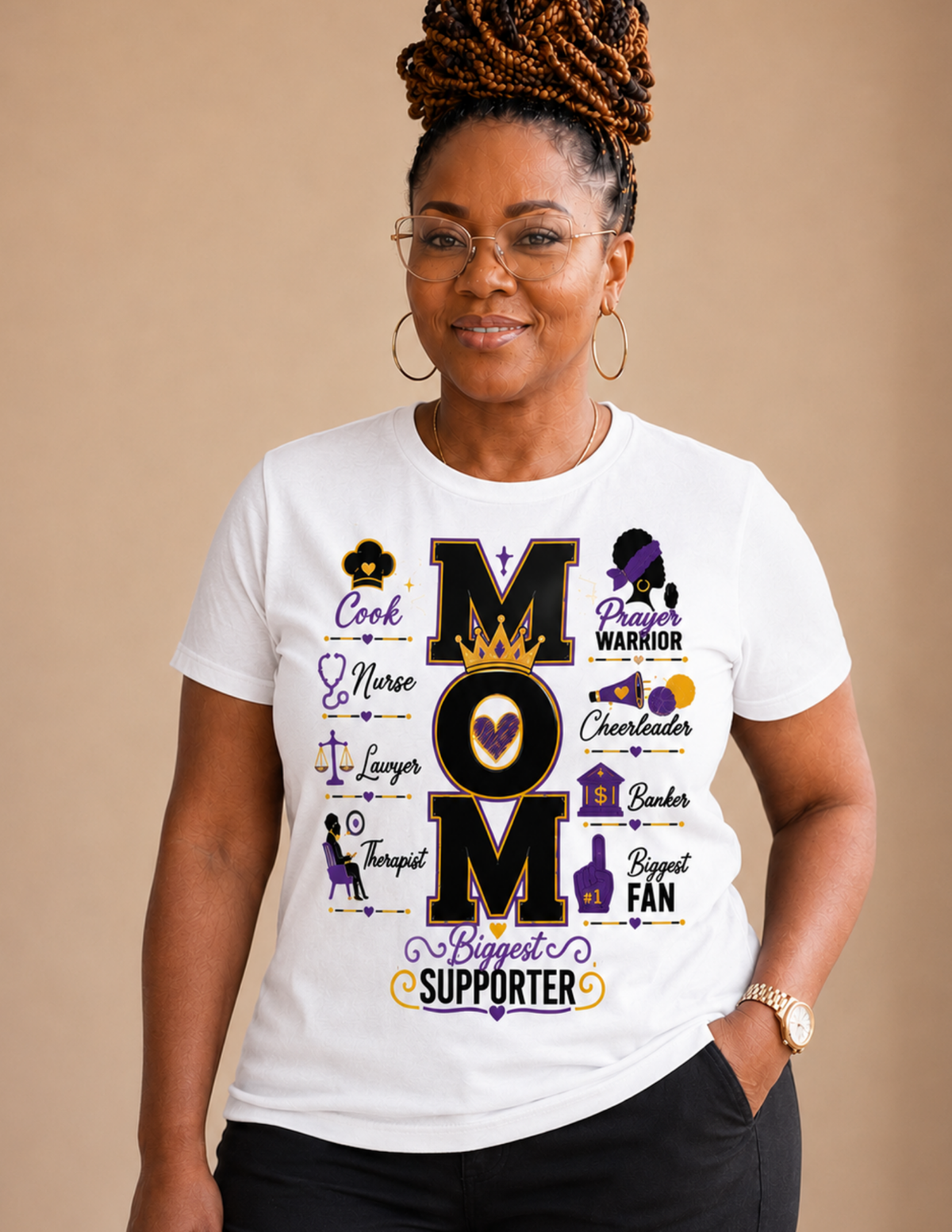 . MOM Biggest Supporter graphic tee celebrating the many roles of motherhood