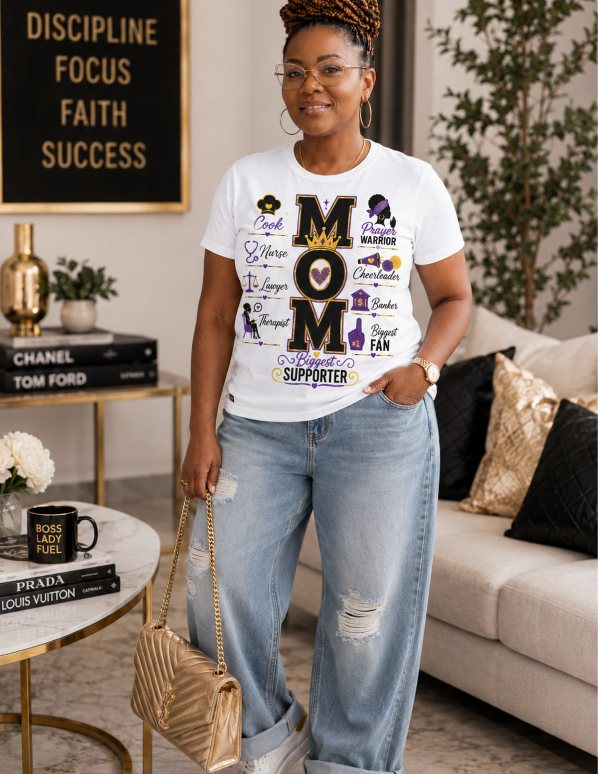 Women's MOM Biggest Supporter graphic tee for proud moms