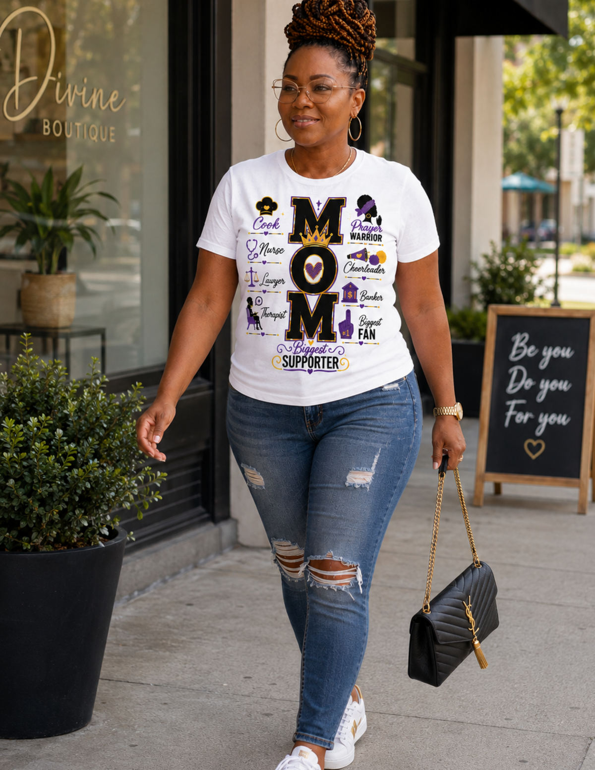 Women's mom graphic tee celebrating strength, love and support