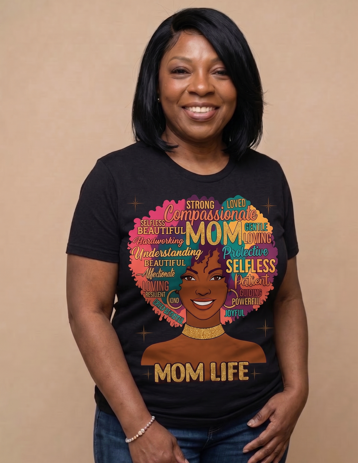 Mom Life Afro graphic tee celebrating Black motherhood and strength
