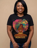 Women's Mom Life shirt featuring colorful Afro word art