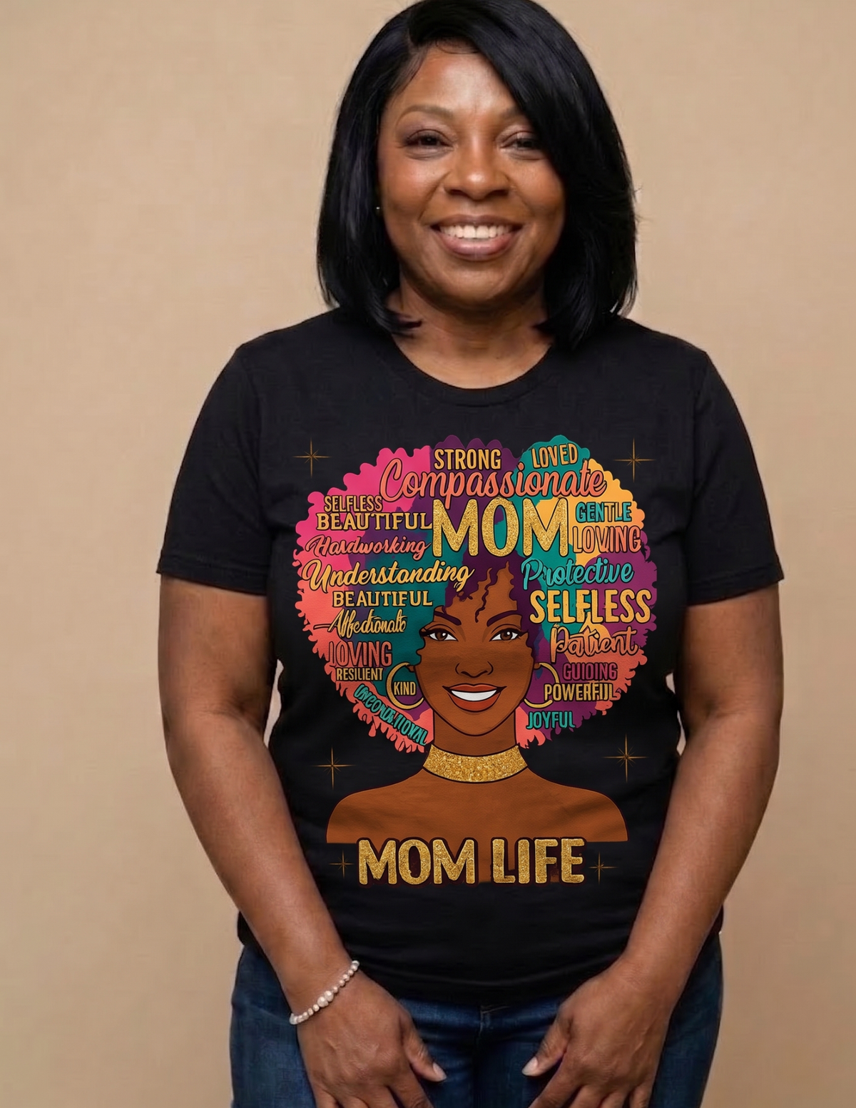 Women's Mom Life shirt featuring colorful Afro word art