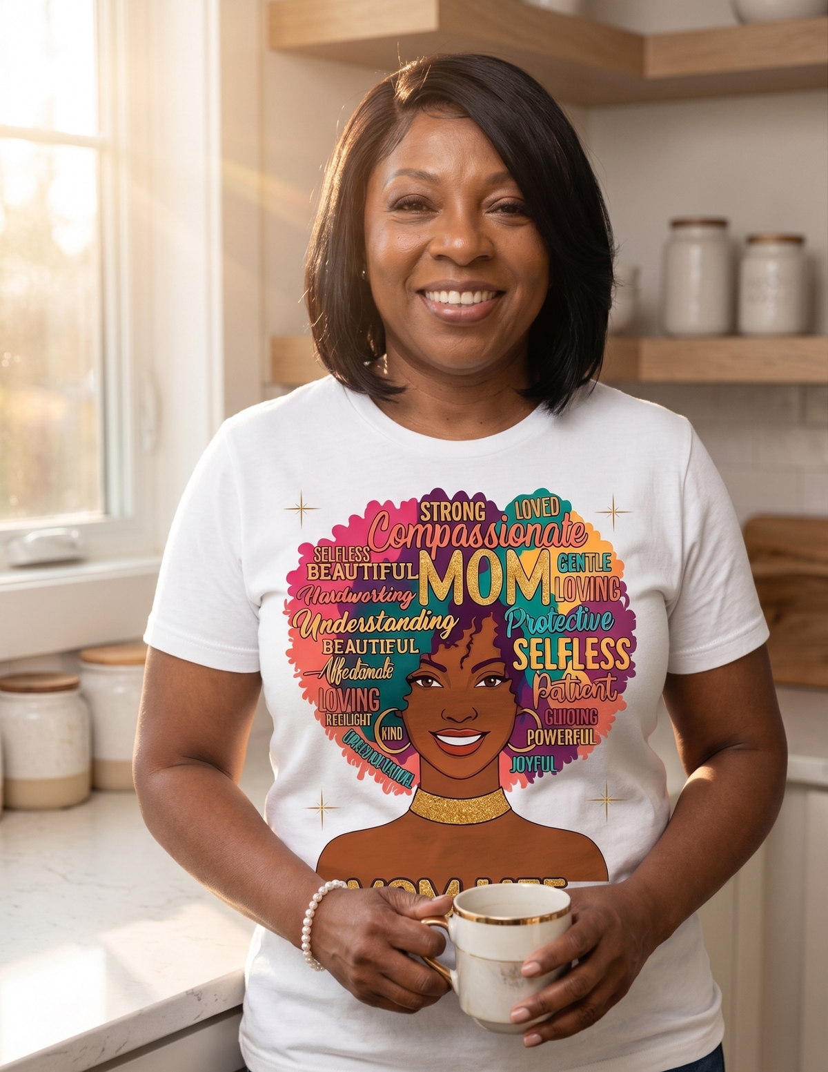 Mom Life Afro shirt featuring words celebrating strong loving mothers