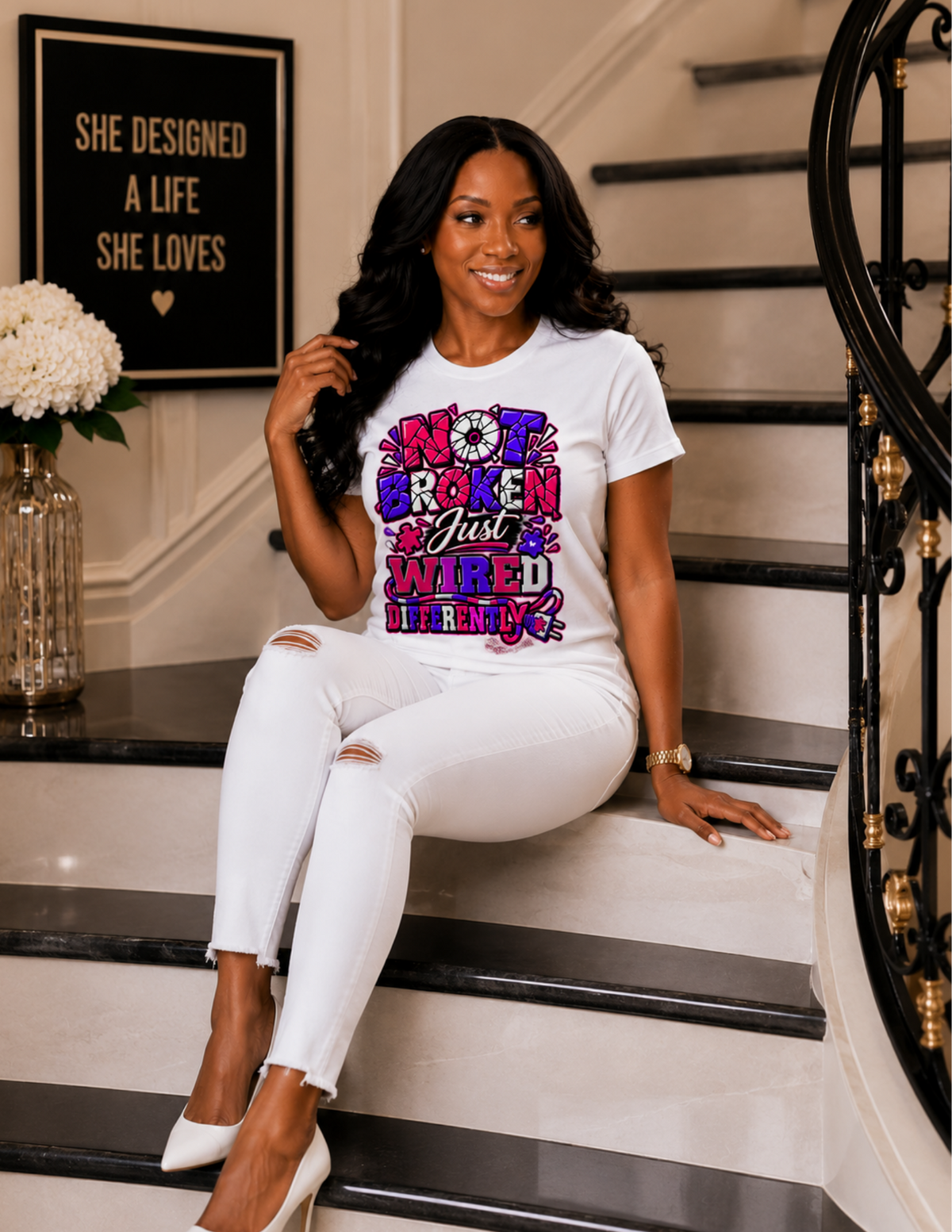 Women's pink Not Broken Just Wired Differently shirt celebrating individuality