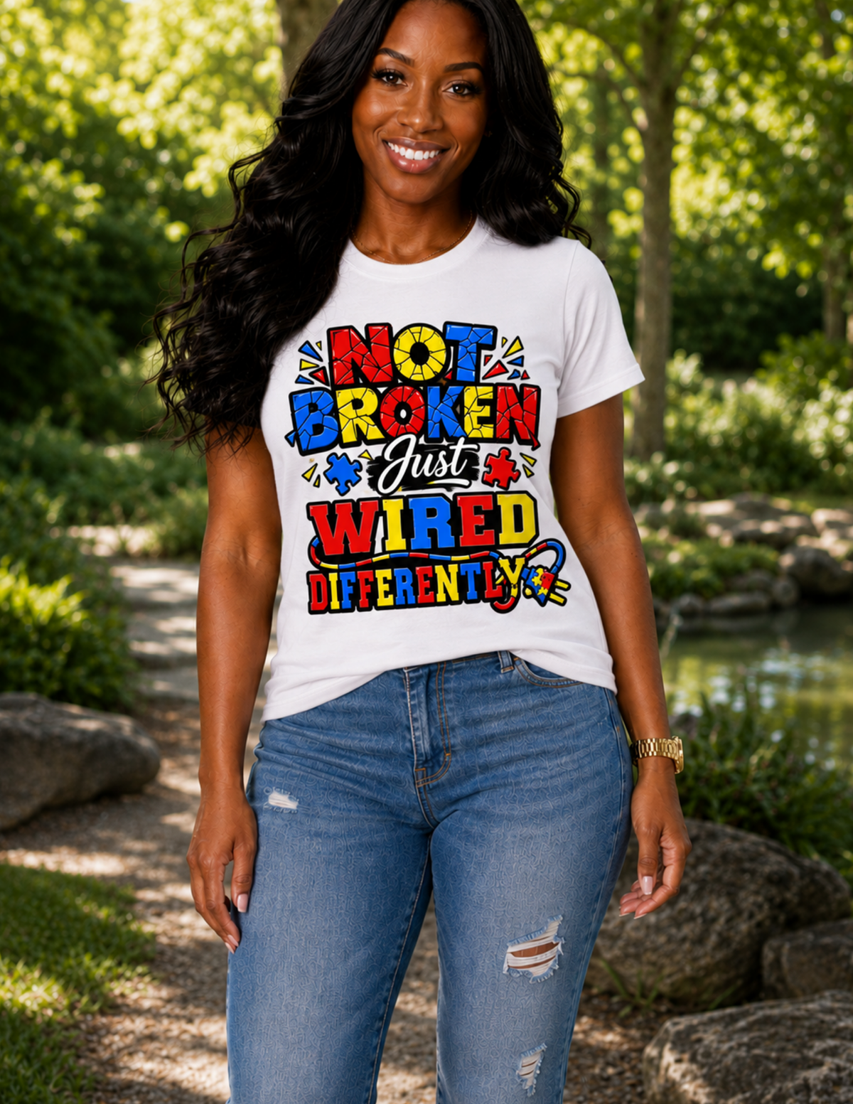 Women's confidence graphic tee with Not Broken Just Wired Differently design