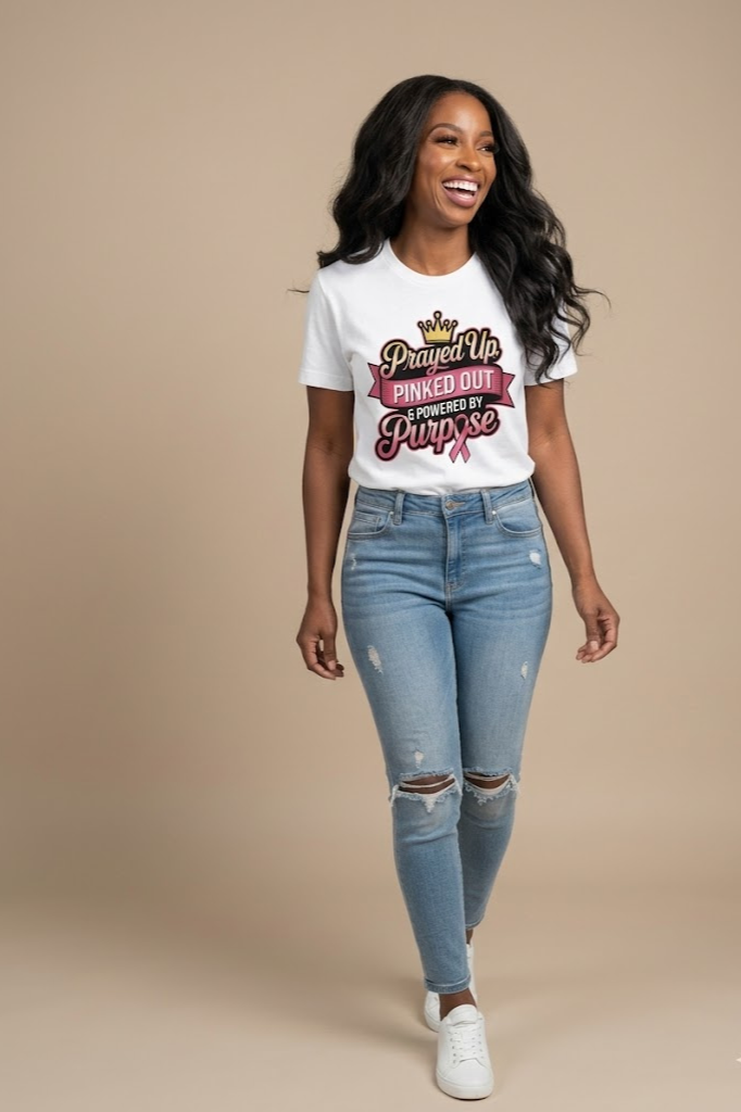 Prayed Up Pinked Out Powered by Purpose cancer awareness graphic tee
