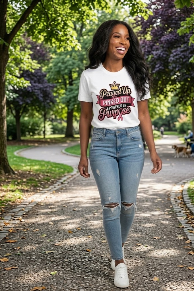 Prayed Up Pinked Out graphic tee celebrating strength and hope