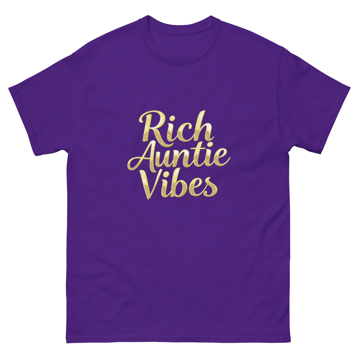 Purple: Rich Auntie Vibes graphic tee product mockup featuring the confident auntie design