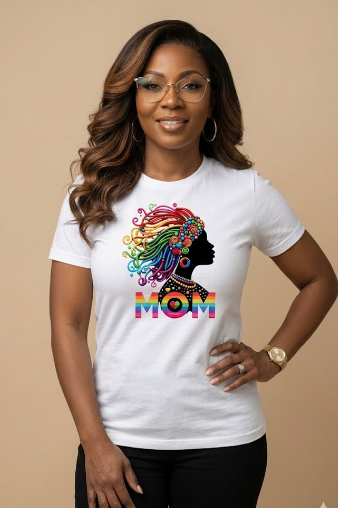 Rainbow Goddess Mom graphic tee celebrating strength and motherhood