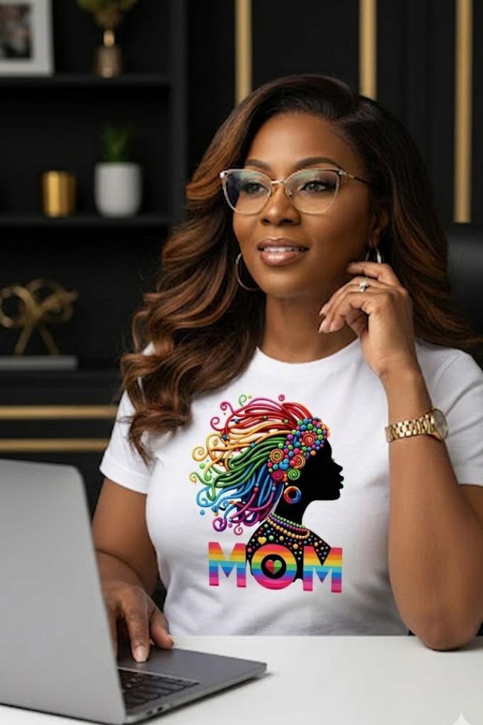 Empowered motherhood graphic tee with Rainbow Goddess Mom design