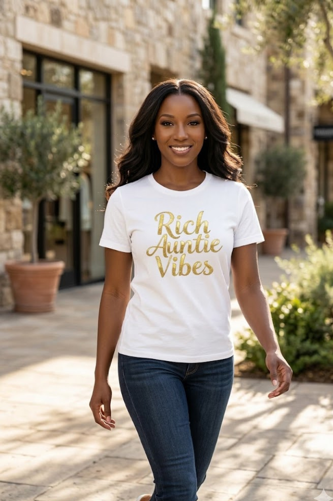 Rich Auntie Vibes statement graphic tee for fun and fashionable aunties