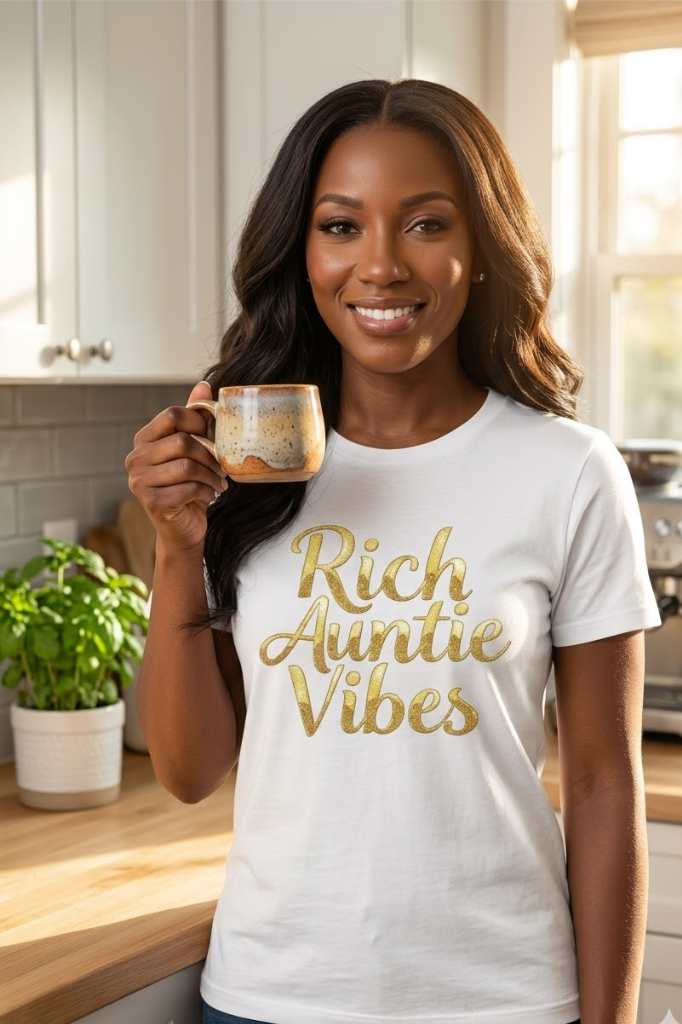 Rich Auntie Vibes statement graphic tee for fun and fashionable aunties