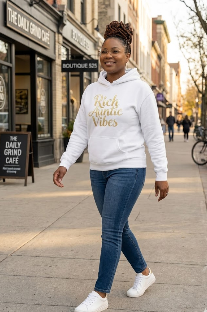 Women's Rich Auntie Vibes hoodie featuring confident auntie style