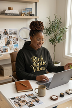 Women's auntie hoodie featuring the Rich Auntie Vibes statement design