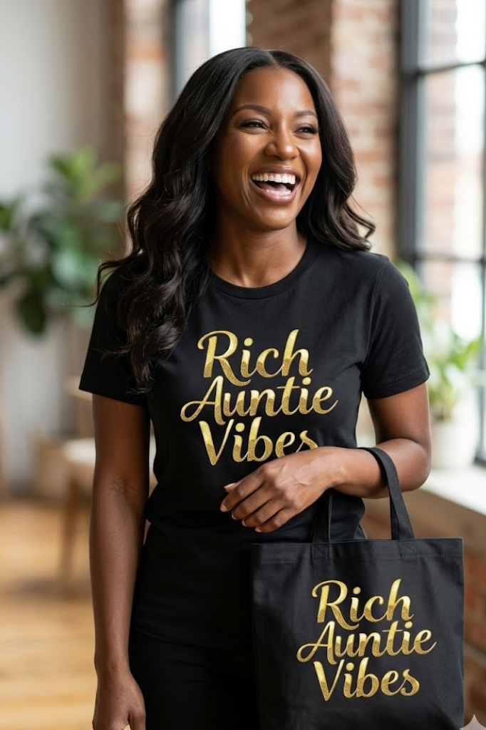 Women's Rich Auntie Vibes tote featuring a confident auntie statement design